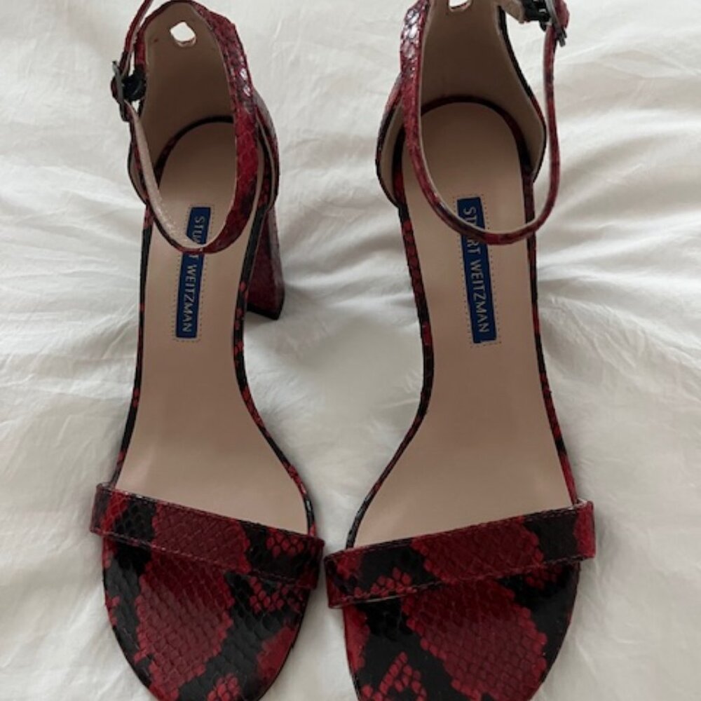 Like New Stuart Weitzman Red & Black Snakeskin Sandals Size 7